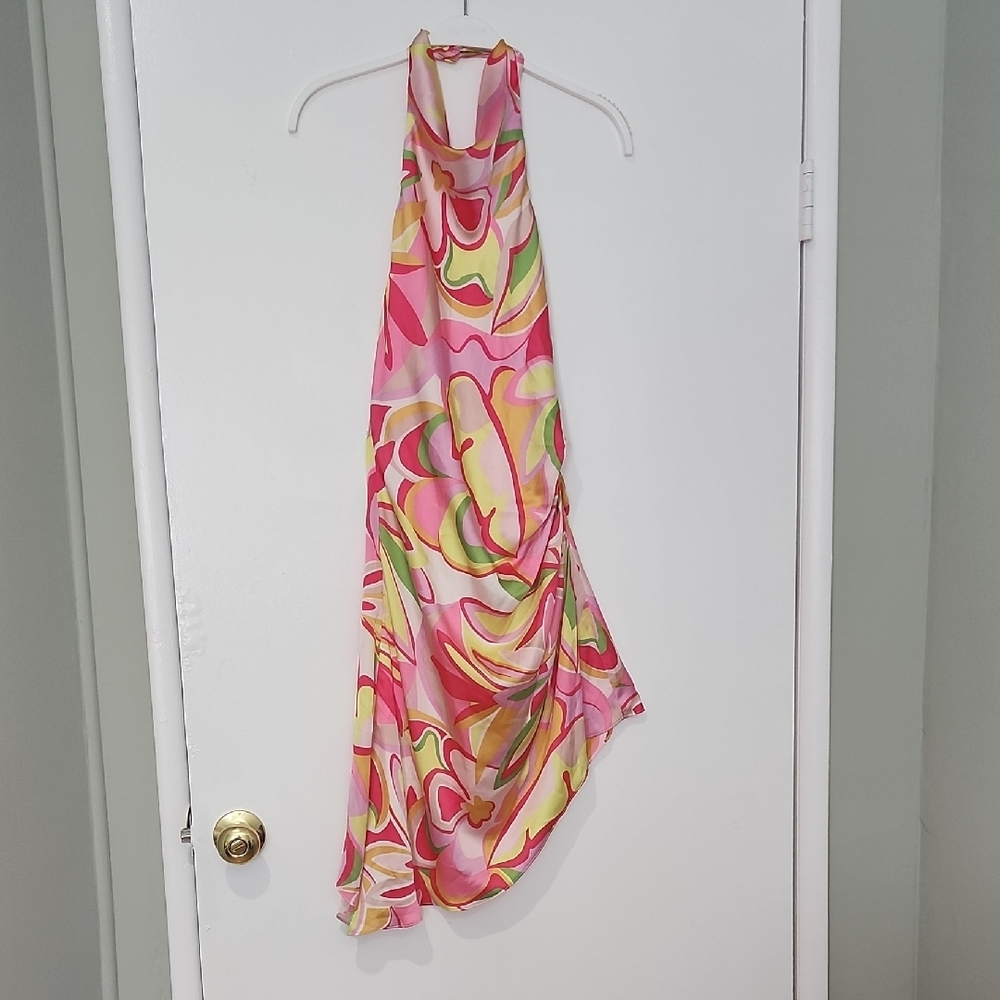 Floral Halter Neck Dress - Pink and Green